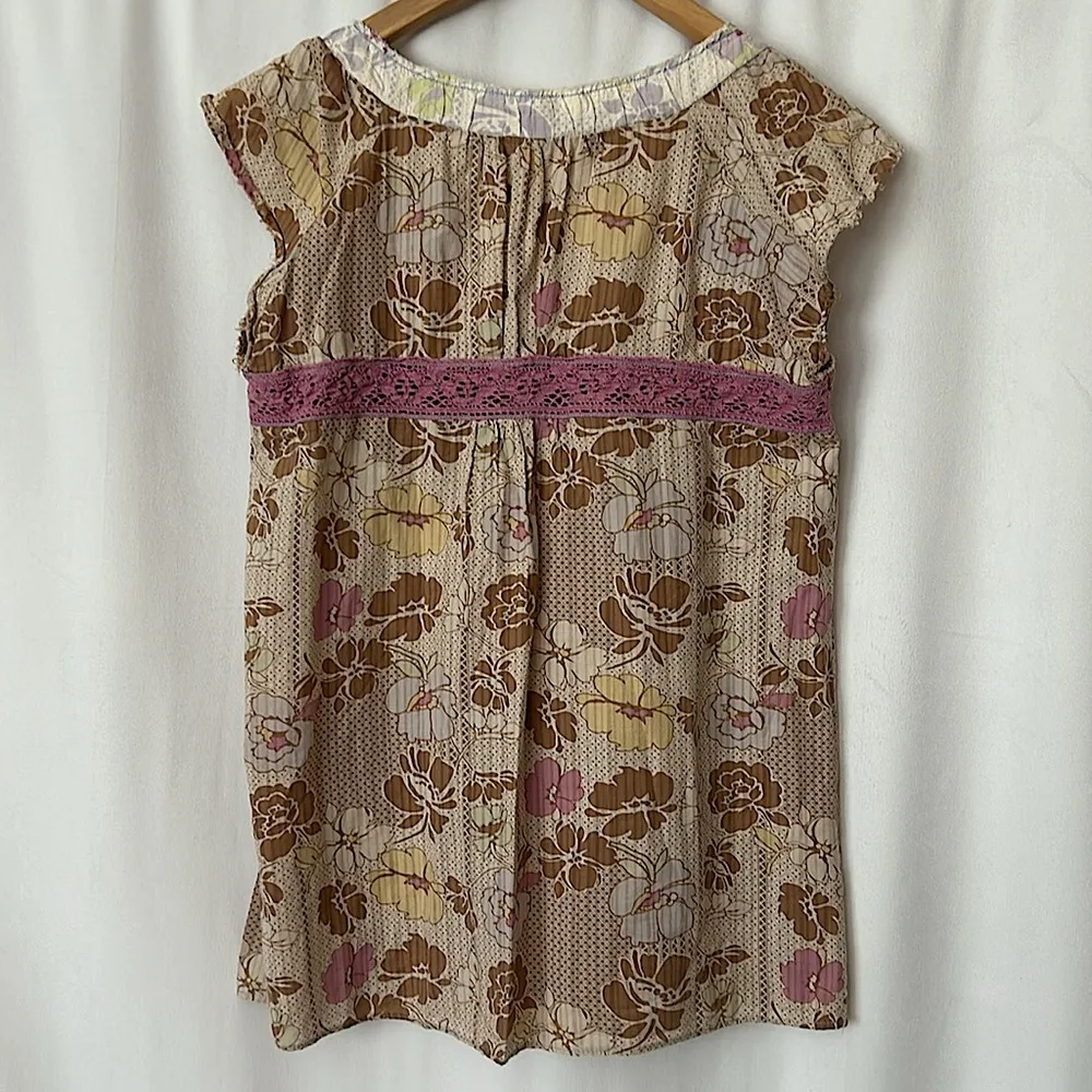 Lux Cute Boho Brown/Purple Floral Lace Cap Sleeve Shirt Top **Size L** 🌸🌸 Size L - Image 2