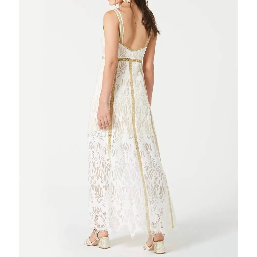 Anthropologie Foxiedox Metallic Gold Lace Overlay Eyelash Hem Lined Maxi Dress L - Image 8