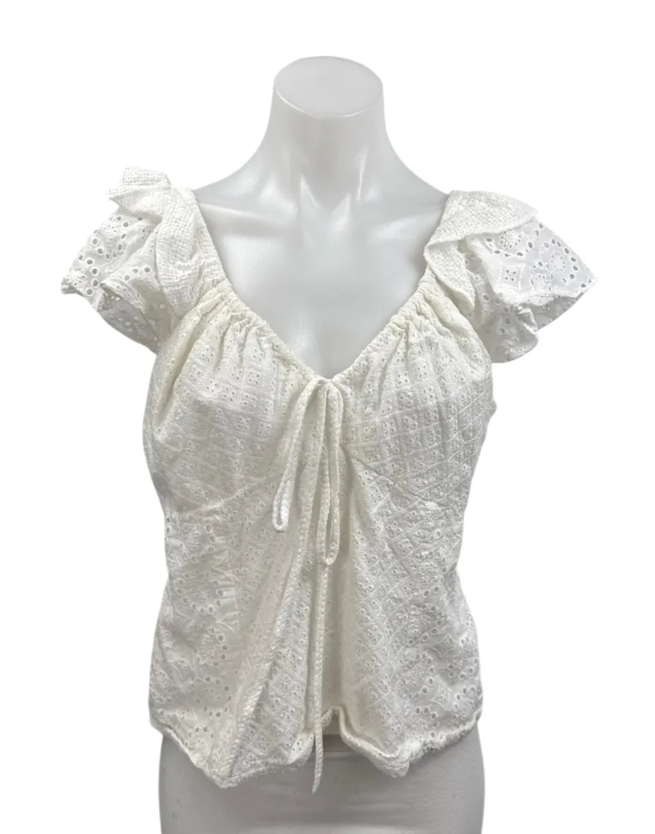 Hill House Women's White Eyelet Embroidered Short Flutter Sleeve Blouse Top XL - Image 1