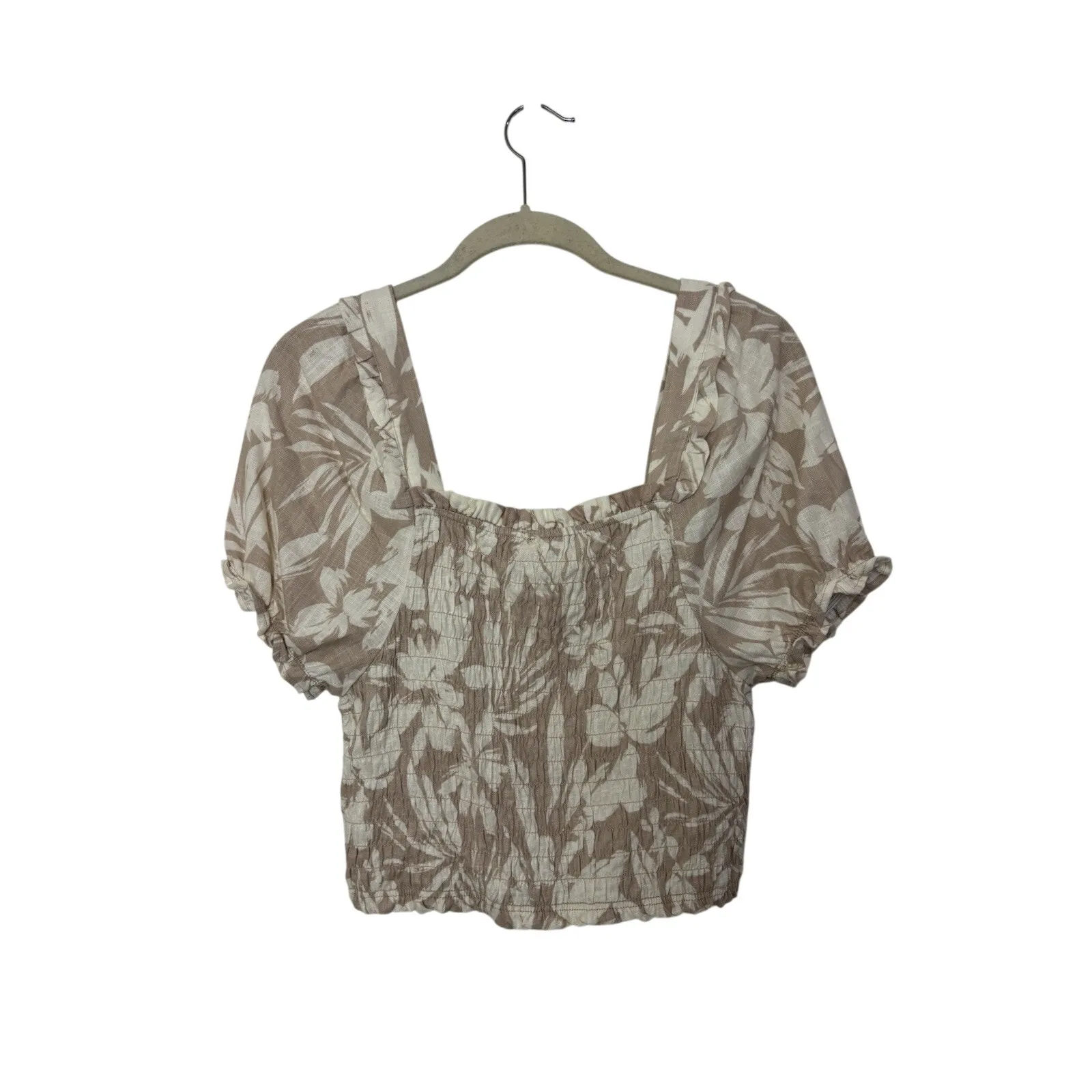 Tropical Flower Linen Blend Boho Smocked Crop Top Size Large Milkmaid Cottage Tan - Image 2