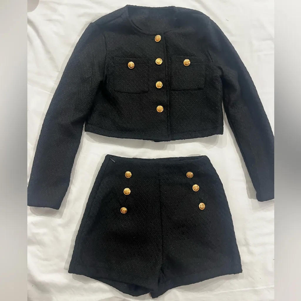 Black Cropped Jacket and Shorts Set with Gold Buttons - Image 4