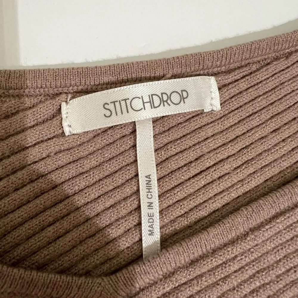 Stitchdrop Mocha Cream Ribbed Neutral Knit Dress Minimalist Academia Sleeveless Tan Size L - Image 4