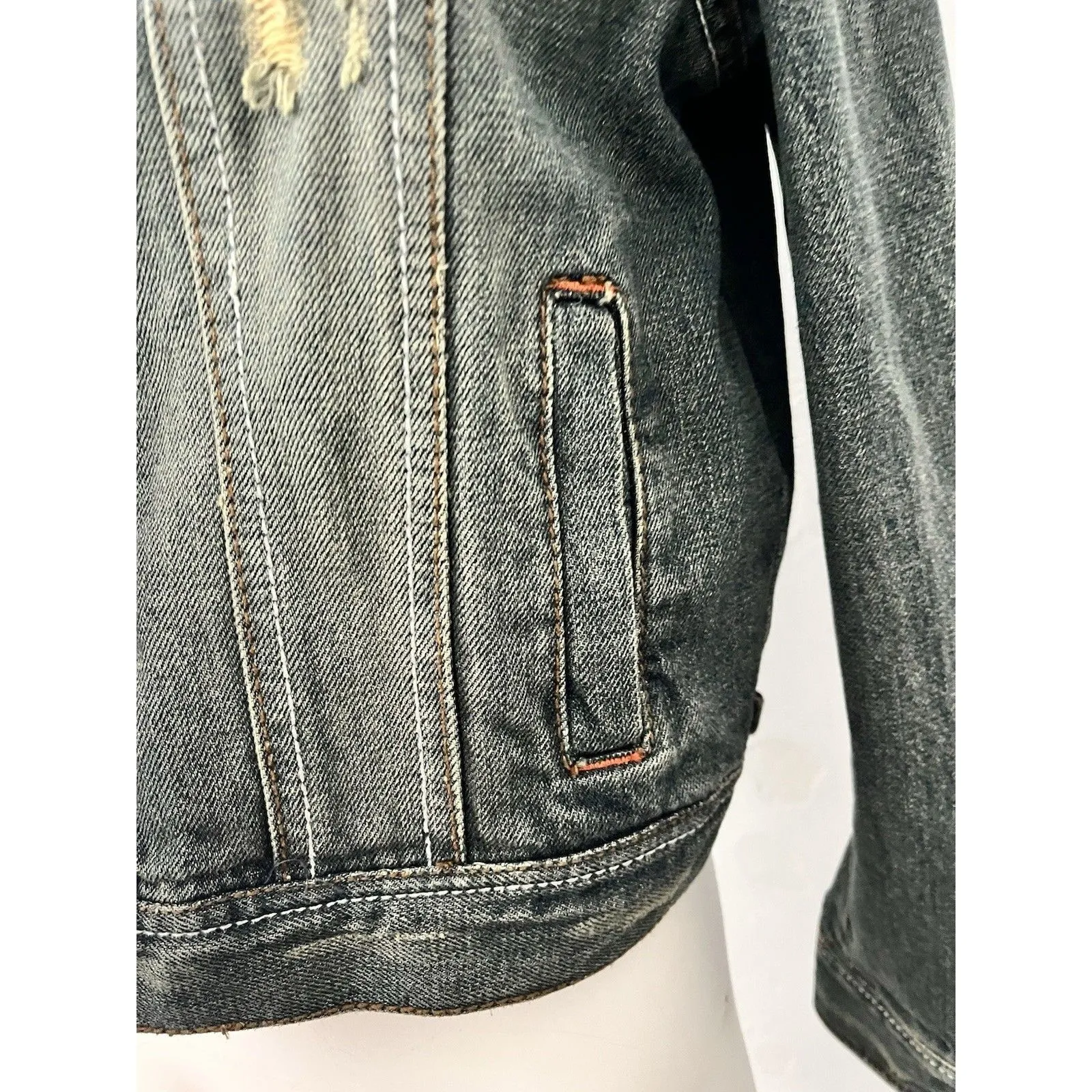 Y2k Double Edition Grunge Distressed Cropped Denim Jacket Size L Dark Blue Wash Size L - Image 13