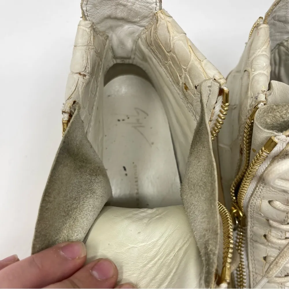 Giuseppe Zanotti Sz 5 EUR 36 Croc Embossed Leather High Top Sneakers Cream Gold - Image 7