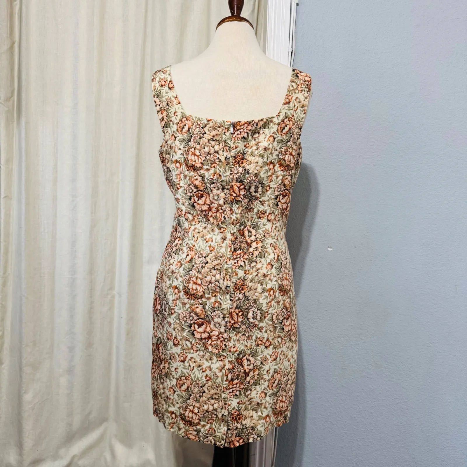 Vintage 90s RESCALA Linen Floral Square Neck Sleeveless Mini Dress Size 12 White - Image 6