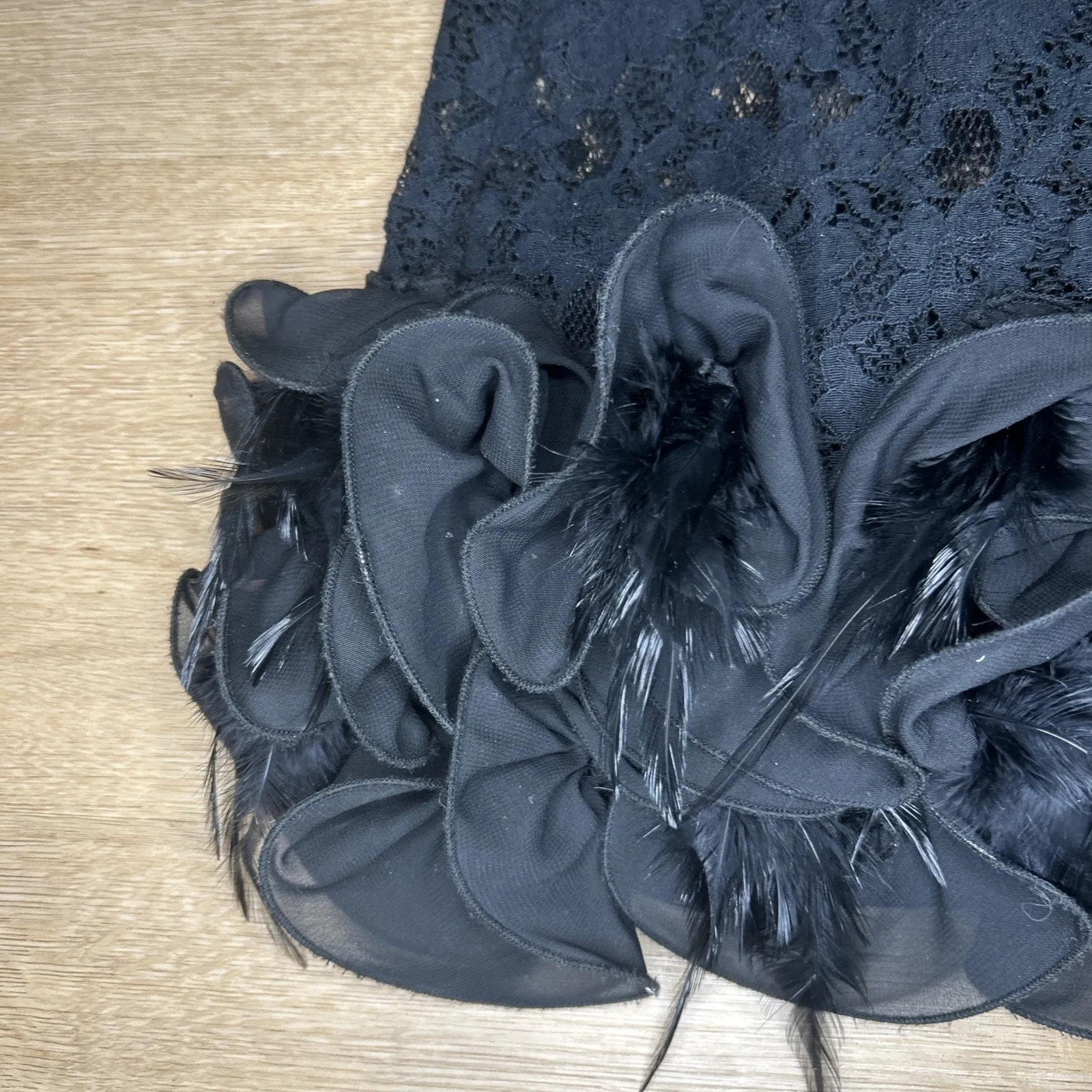 Mini Dress Women’s S Black Lace Y2K Feather Hem Scoop Back Zipper Glam Goth Alt - Image 5