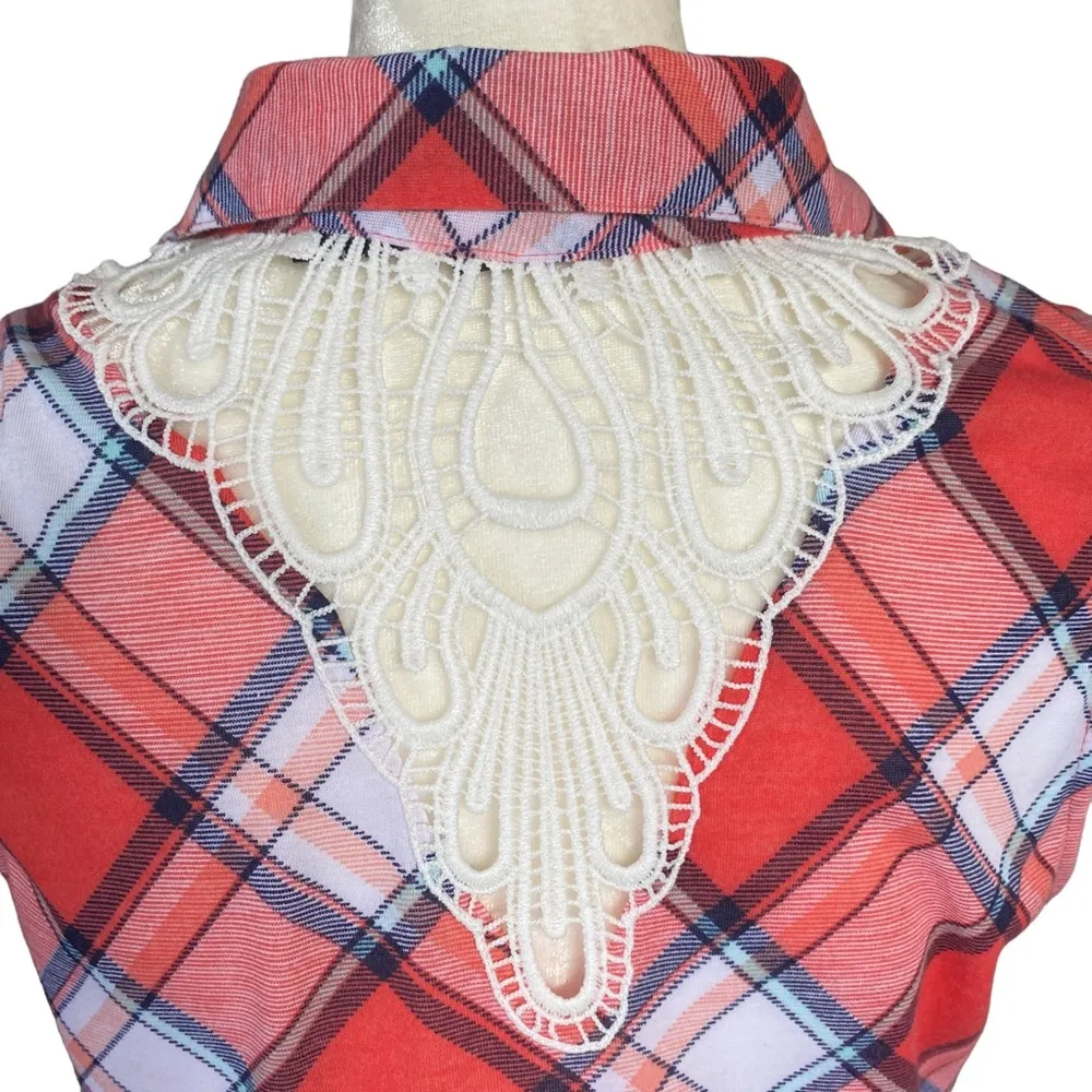 Ultra Flirt sleeveless collared button down orange white plaid top women's M - Image 7