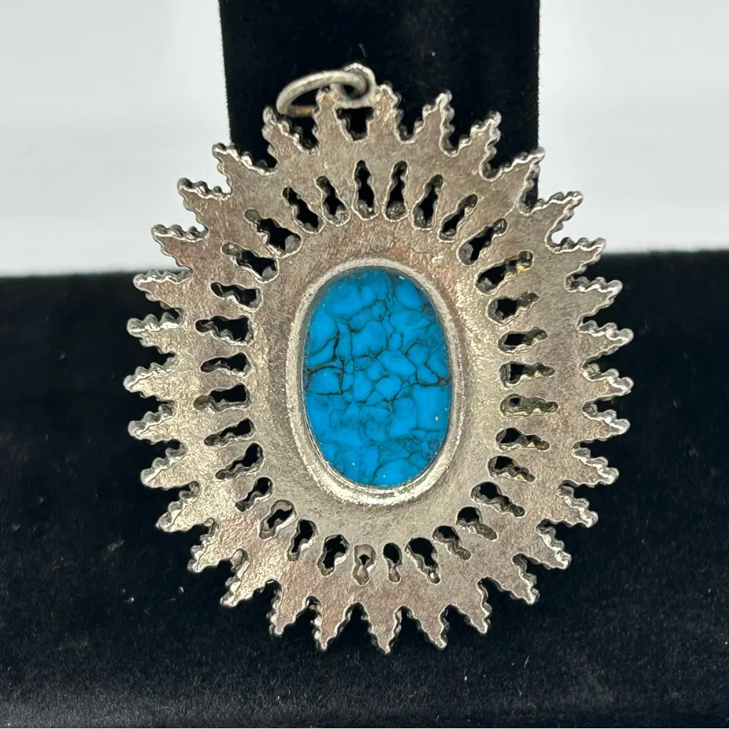 Vintage Turquoise Sunburst Pendant Boho Southwestern Statement Blue - Image 2