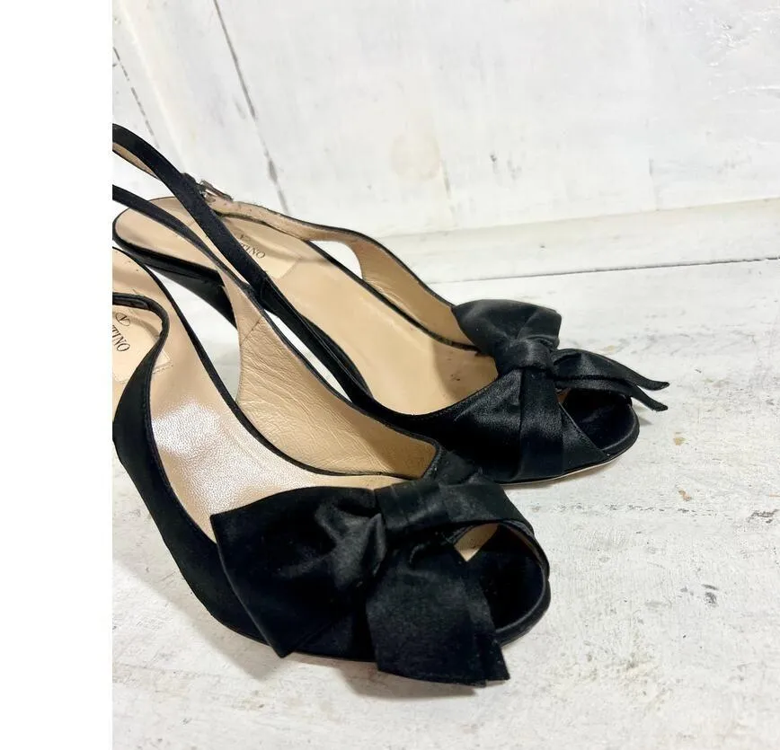 Valentino Garavani Satin Bow Peep Toe Stilettos Heel Slingback Black Womens 38.5 - Image 3