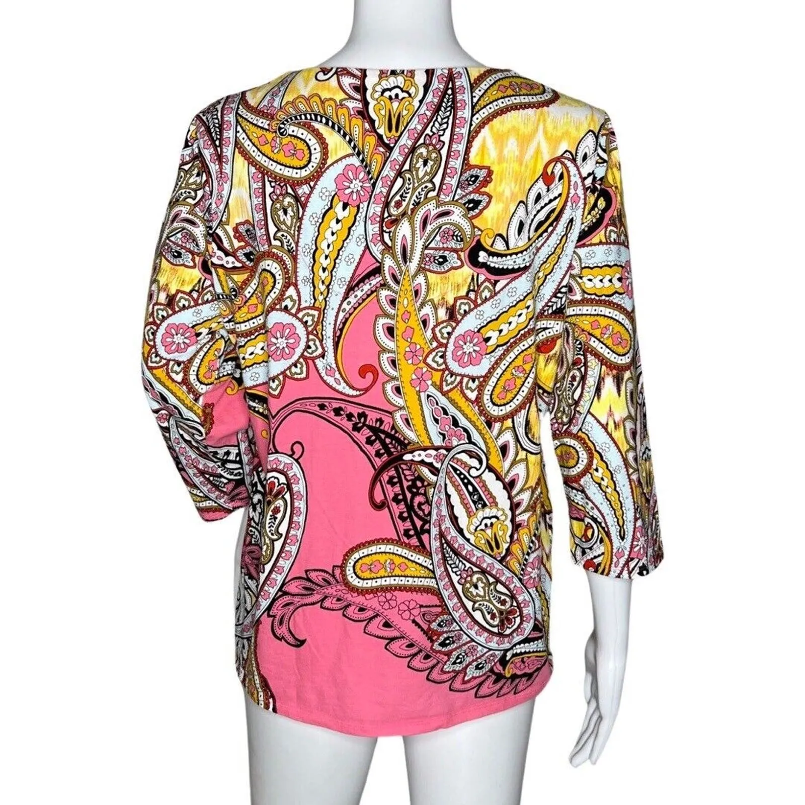 Chicos Shirt Womens Medium 1‎ Pink Yellow Paisley Split Neck Tee Basic Casual - Image 4