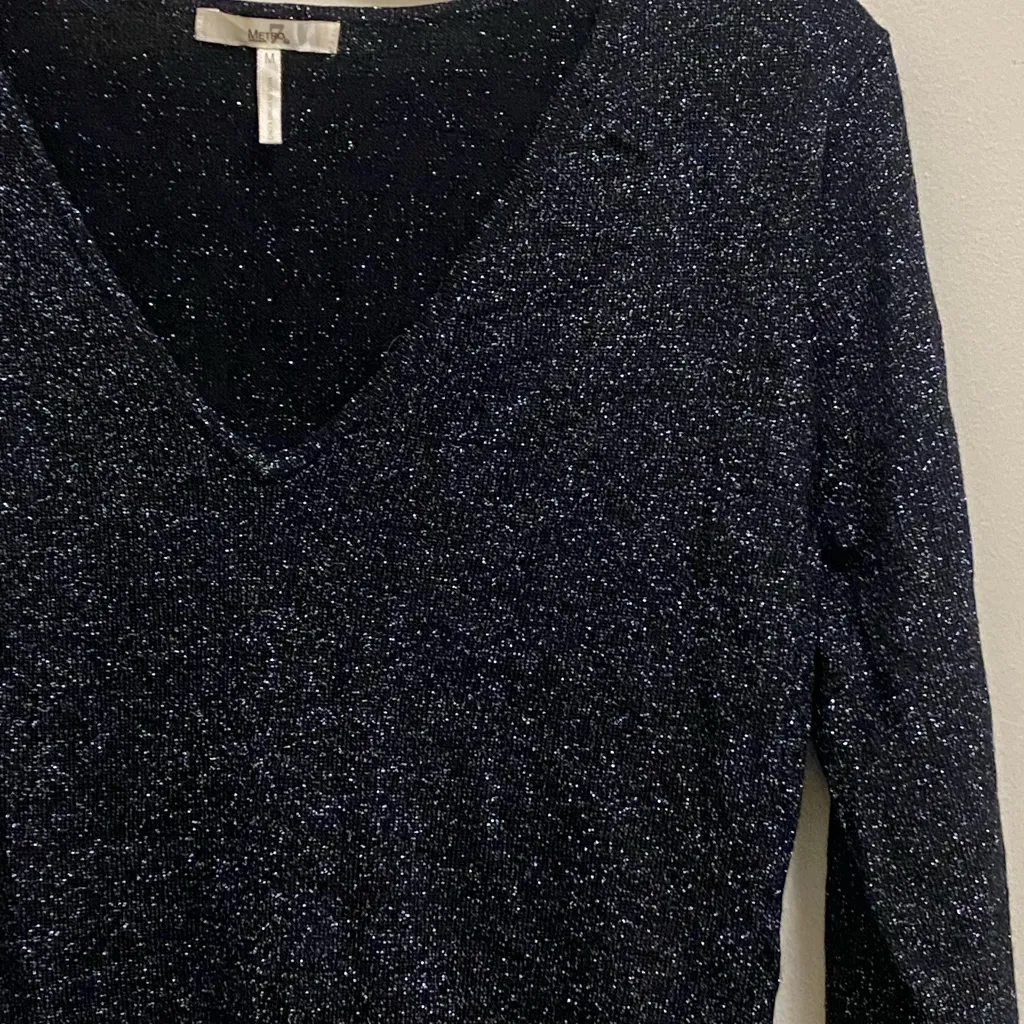Metro Womens 3/4 Sleeve Top Blouse M Black V Silver Glitter Sparkle New Years Size M - Image 3