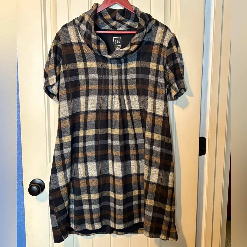 JH Black/Brown/Tan Plaid Bubble Sleeve Cowl Neck Short Sleeve Sweater Dress Brown Size XL - Image 2