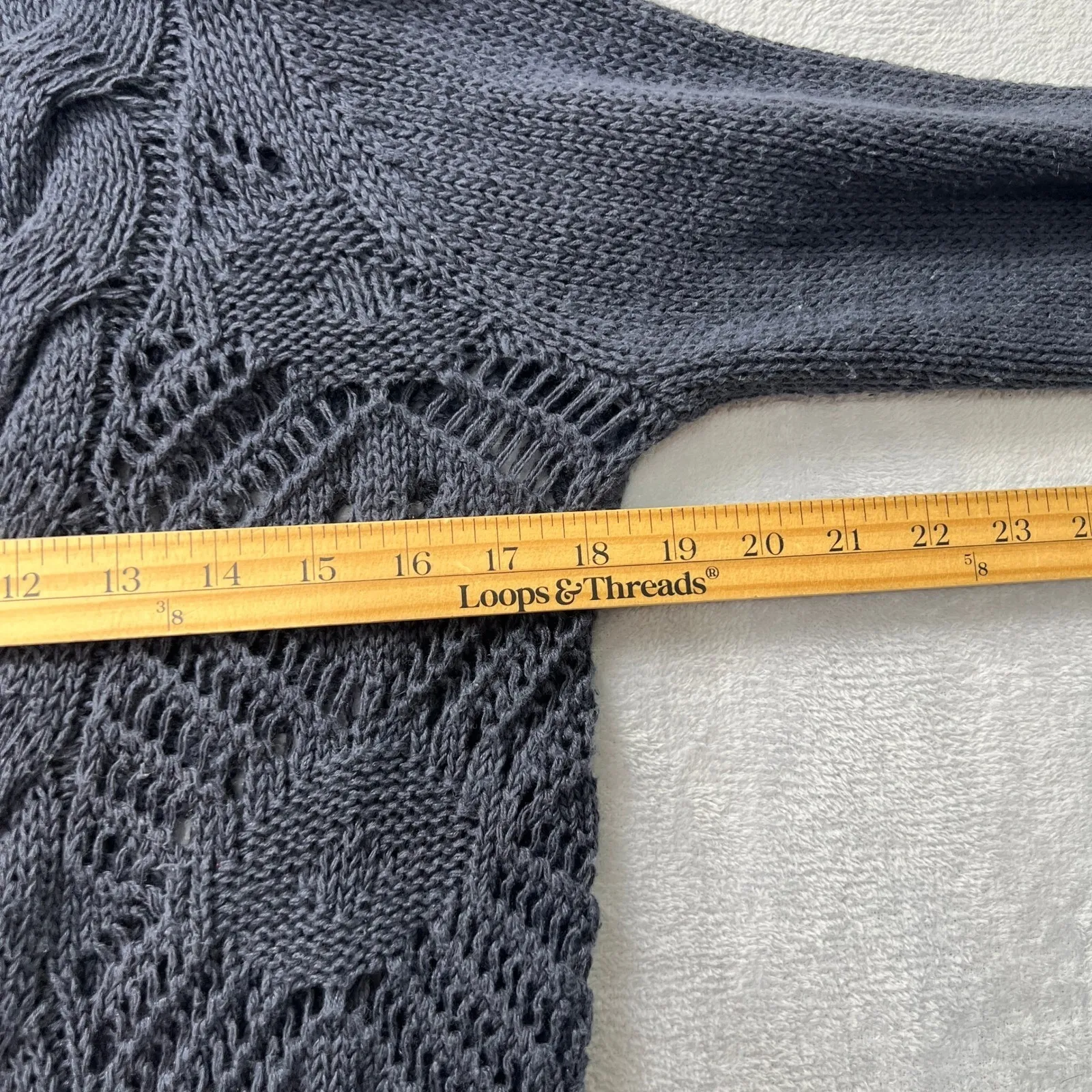 Garnet Hill Pointelle Open Knit Cardigan M Blue Linen Cotton Crochet Sweater - Image 7