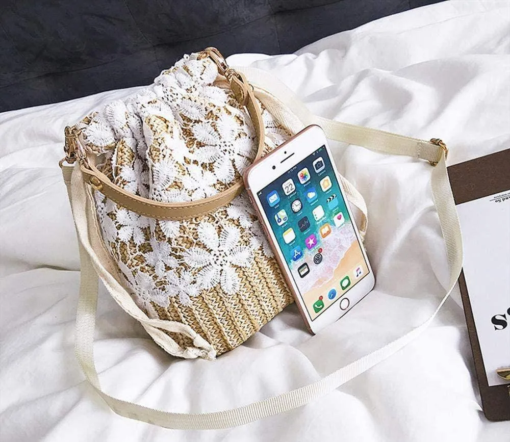 Exquisite Beach Clutch Purse Bag Bucket Bag Lace Handmade Straw Woven Sling Handbag Shoulder Crossbody Bag for Women, Beige, One Size - Image 2