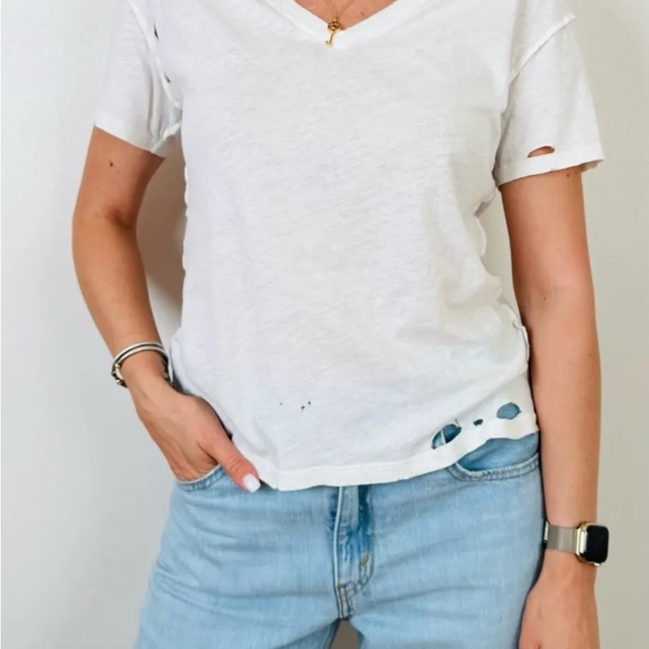 All Saints Distressed White V-Neck Women’s Tee Sz L Inside Out - Image 2