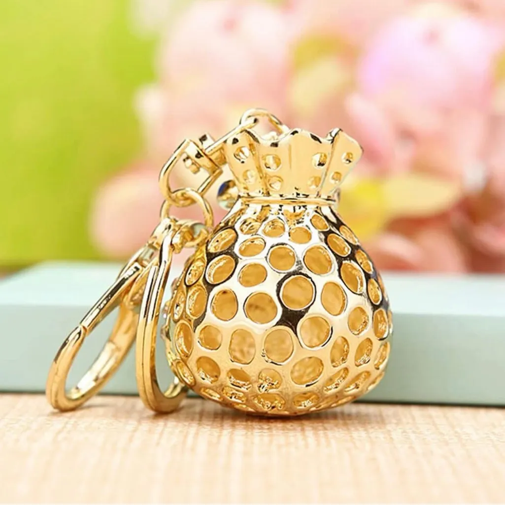 Green Rhinestone Money Bag Keychain Purse Charm Lucky Clover Gold Tone - Image 4