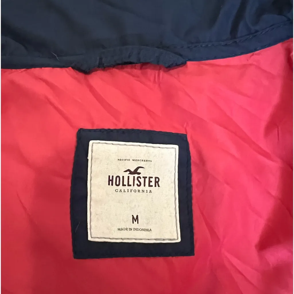 Hollister Navy Blue and Red Feather Stuffed Puffer Jacket | Size Medium - Image 8