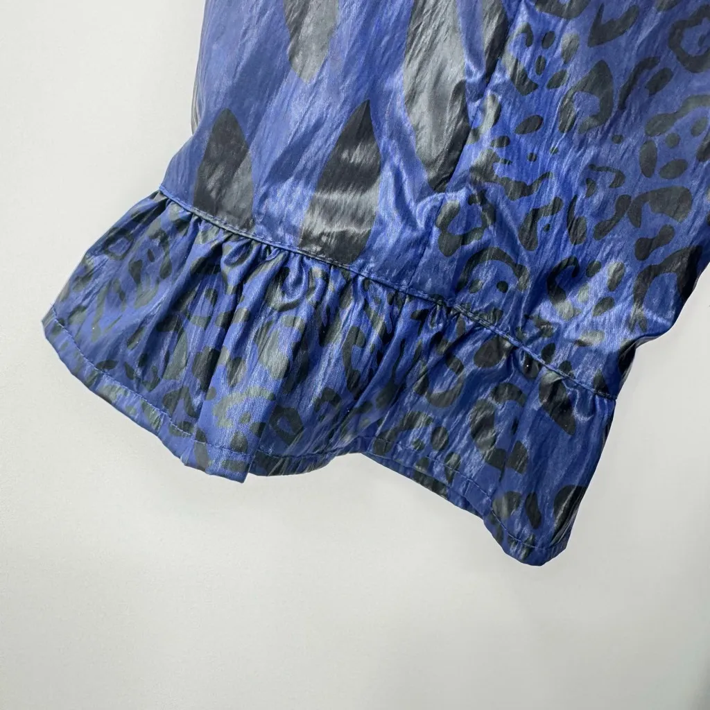 Indigo Blue & Black Leopard Animal Print Trench Coat Raincoat Ruffles Belted - Image 4