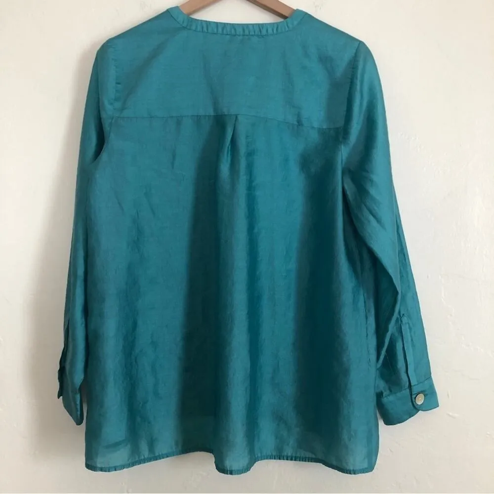 J. Jill Peasant Tunic Teal Soft Tencel Long Sleeve Split VNeck Collar Blouse Top Green Size M - Image 7