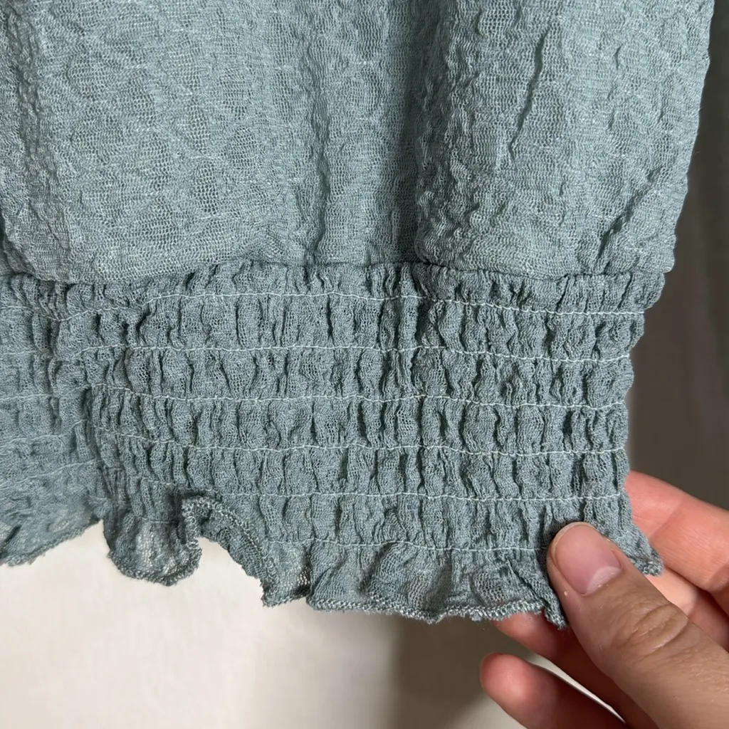 Iz Byer Victorian Textured Sheer Elastic Edges Mock Neck Ruffle Sage Blouse XS - Image 5