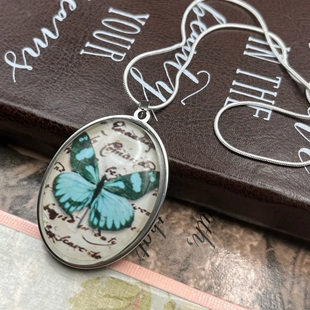 Blue Butterfly Art Pendant Necklace Stainless Steel Chain 20” Boho Jewelry - Image 5