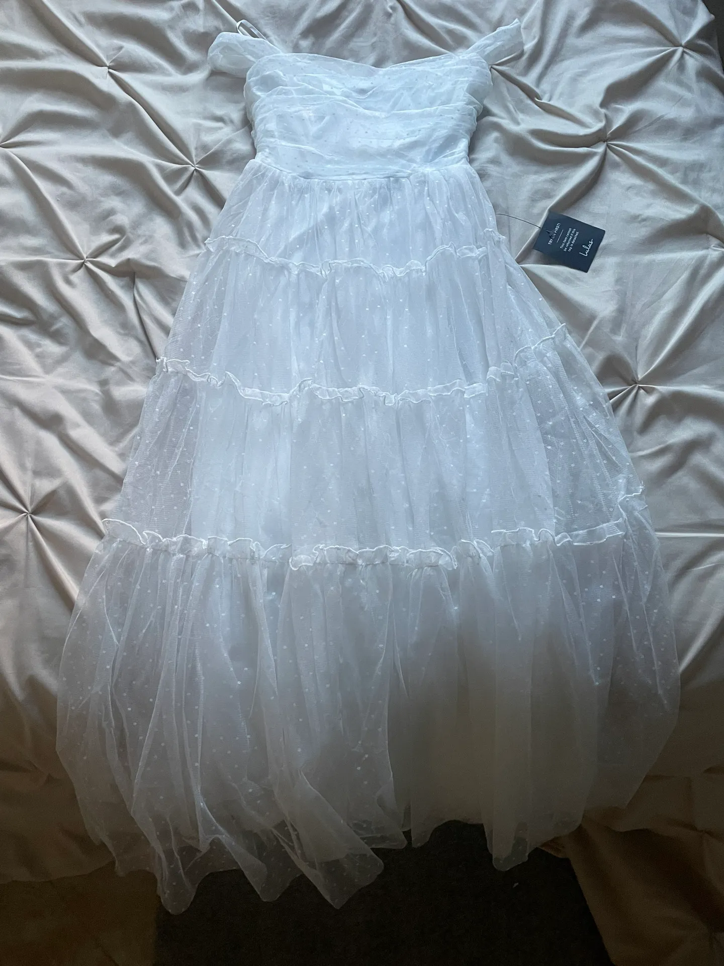 White Mesh Swiss Dot Tiered Midi Dress - Image 4