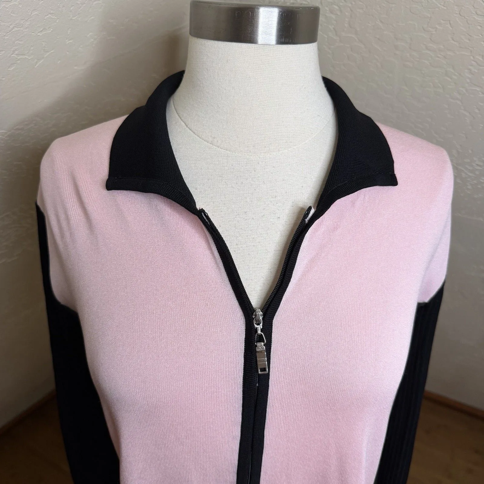 Misook Zip Front Knit Cardigan Womens M Pink Black Colorblock Long Sleeve Preppy - Image 3