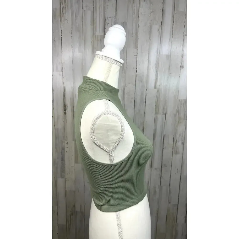 Zara Women's XS Green Ribbed Knit Crop Top Mock Neck‎ Sleeveless Casual Tank - Image 4