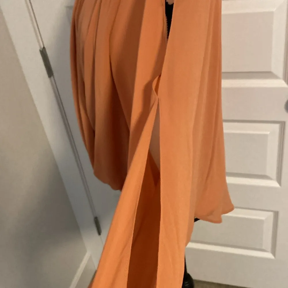 Double Zero| Light caramel V-neck long split sleeve blouse.  Longer, sheer back. - Image 5