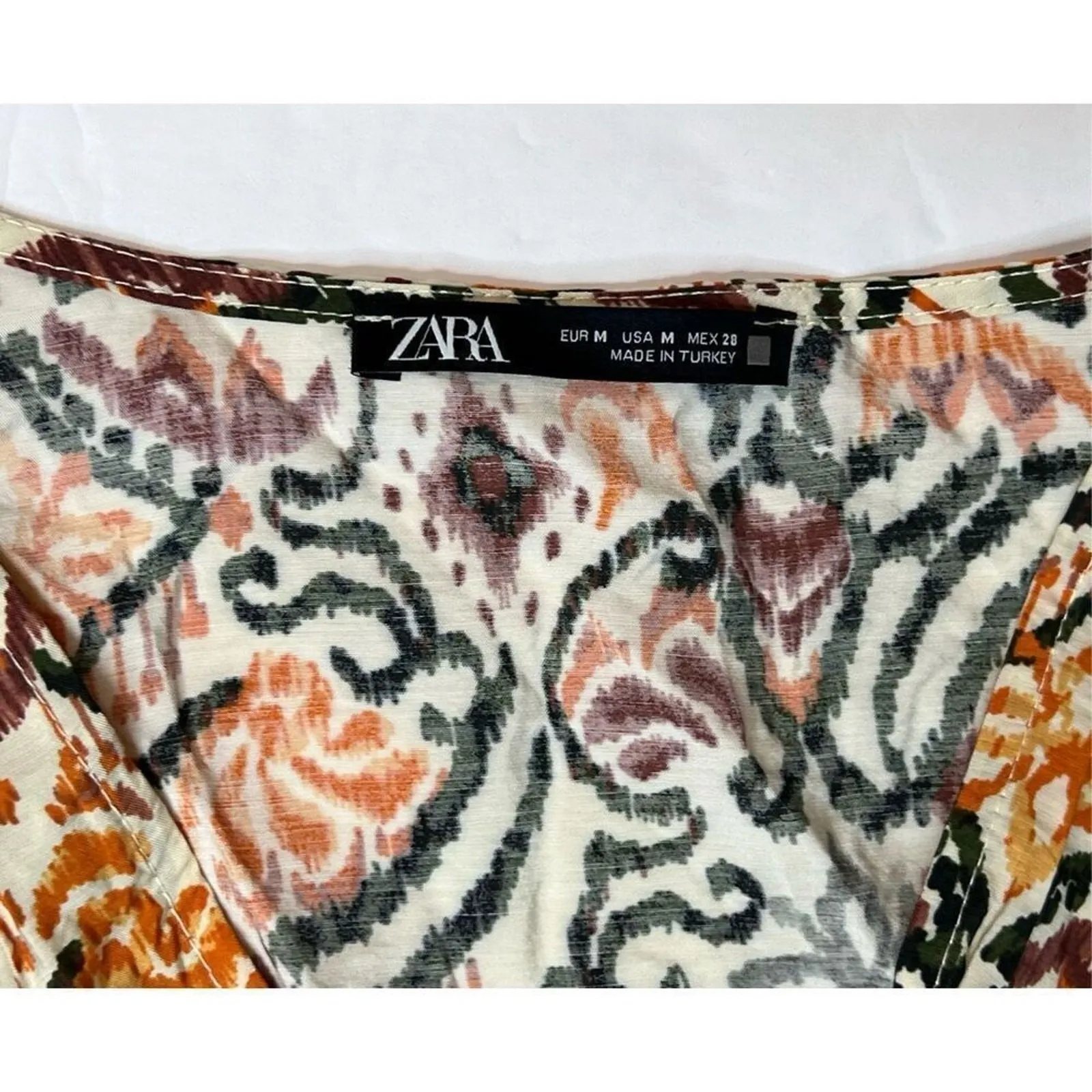 Zara AOP Ikat Print Tiered Elastic Waist Dress Tan Green Tribal MEDIUM Boho Chic - Image 5