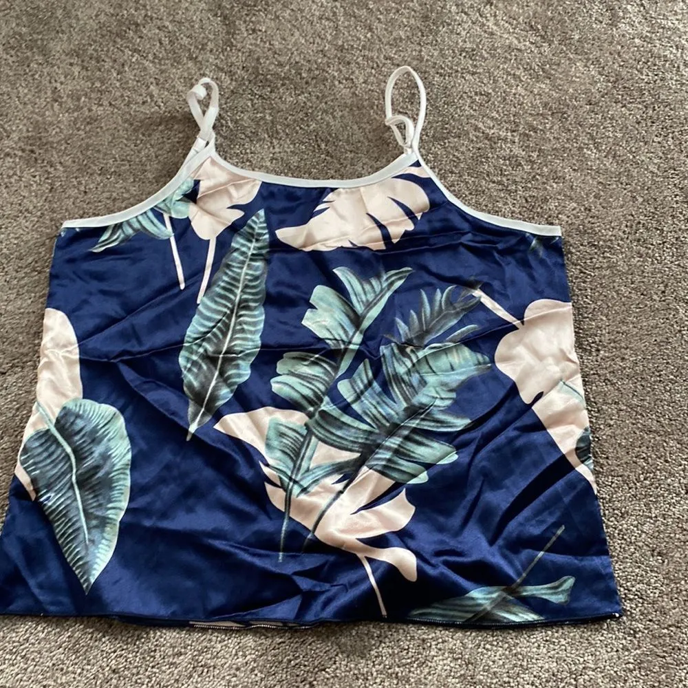 Floral Print Satin 3 Piece Pajama Set SIZE L Blue Size L - Image 2