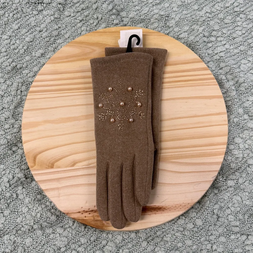 Elegant Khaki Gloves with Pearl Beads Tan - Image 2