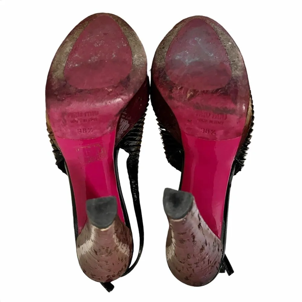 MIU MIU Black Patent Leather Sandals Peep Toe Sling Back Platforms Italy 38.5 - Image 15