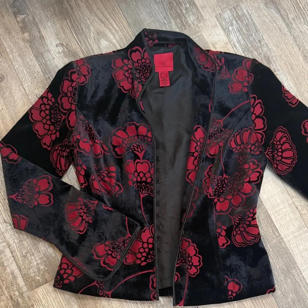 JS Collections Floral Black and Red Women's Jacket size 6 - Image 4