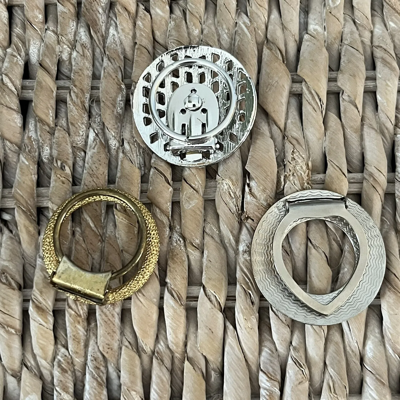 Vintage set of 3 (3) fashion jewelry faux gold Silver scarf Round slides / clips - Image 2