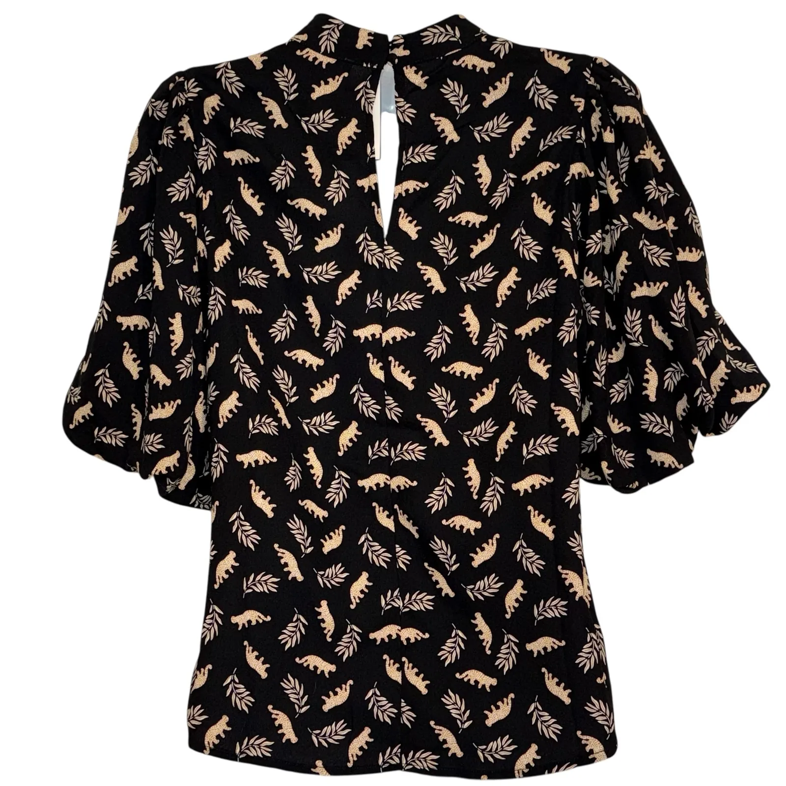 THML Leopard Leaf Print Mock Neck Puff Sleeve Black Blouse NWT $69 Small - Image 6