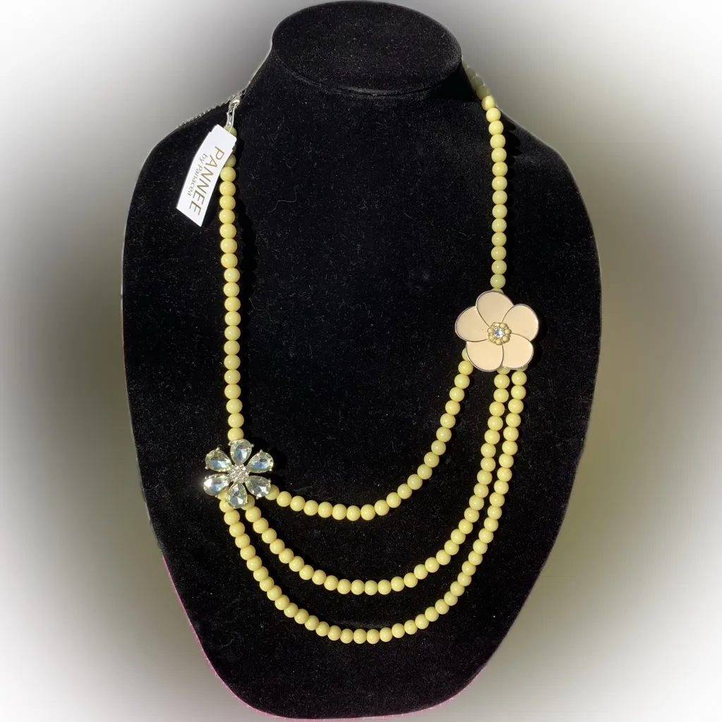 PANNEE by Panacea Elegant yellow Beads Necklace beige crystal flower 3 layer 34” - Image 6