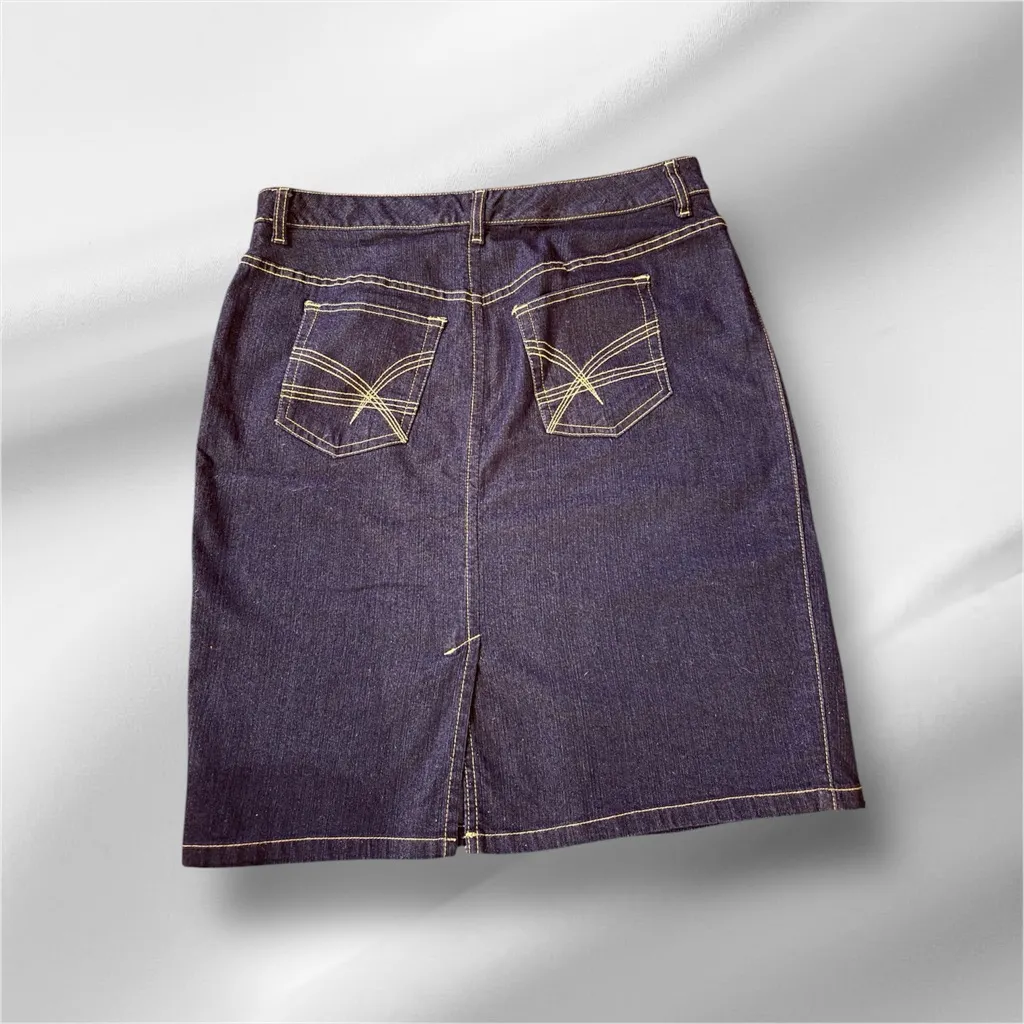 Apostrophe Petite Stretch Denim Dark Blue Slit Skirt Women's Knee Length Sz 10p - Image 2