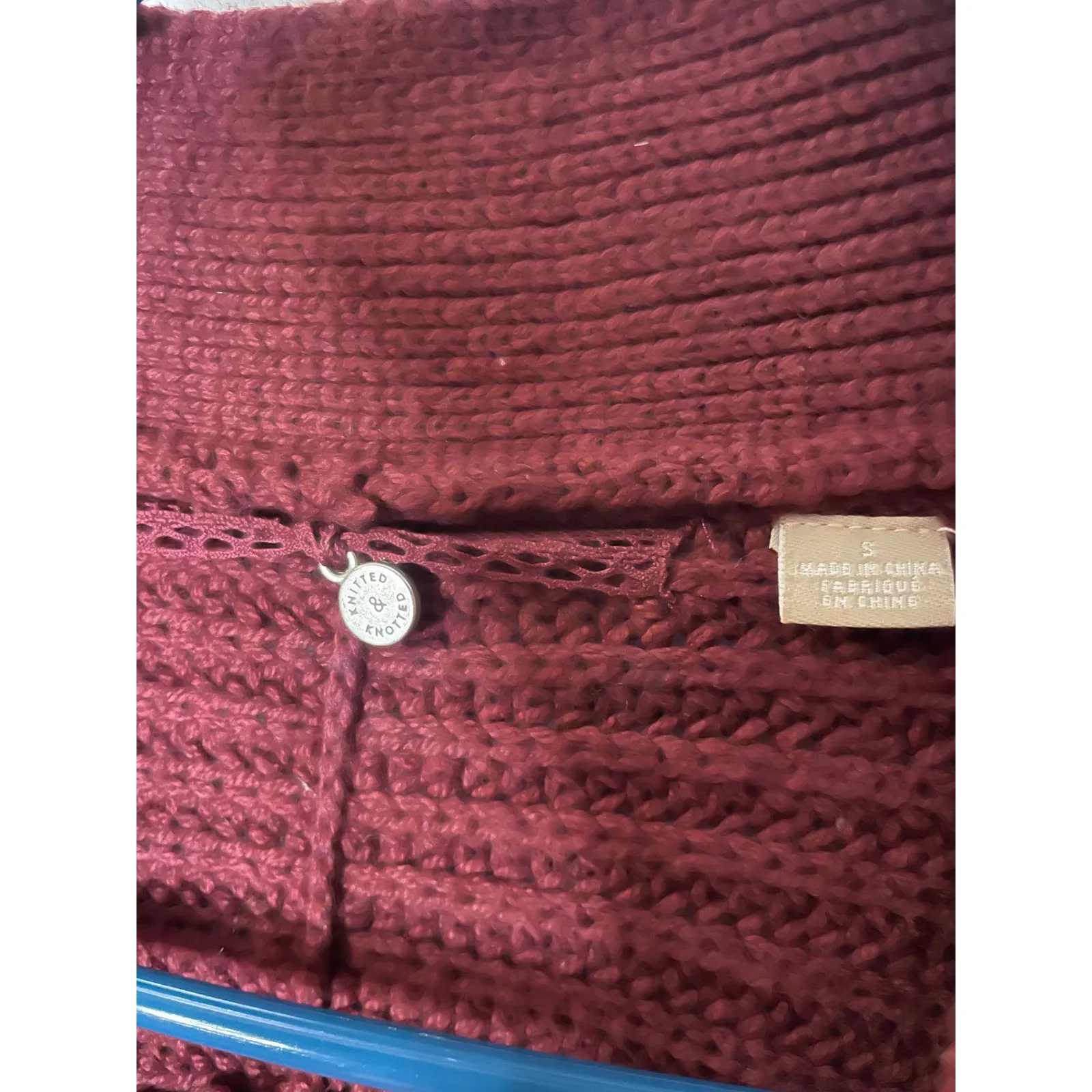 Anthopologie Knitted & Knotted Maroon Open Front Long Sleeve Cardigan Sweater Red - Image 2