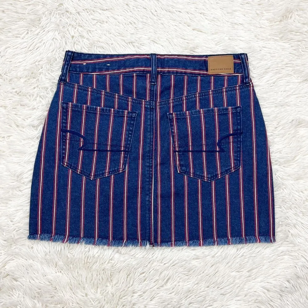 American Eagle Blue and Red Striped High Rise Mini Denim‎ Jean Skirt Size 6 - Image 3