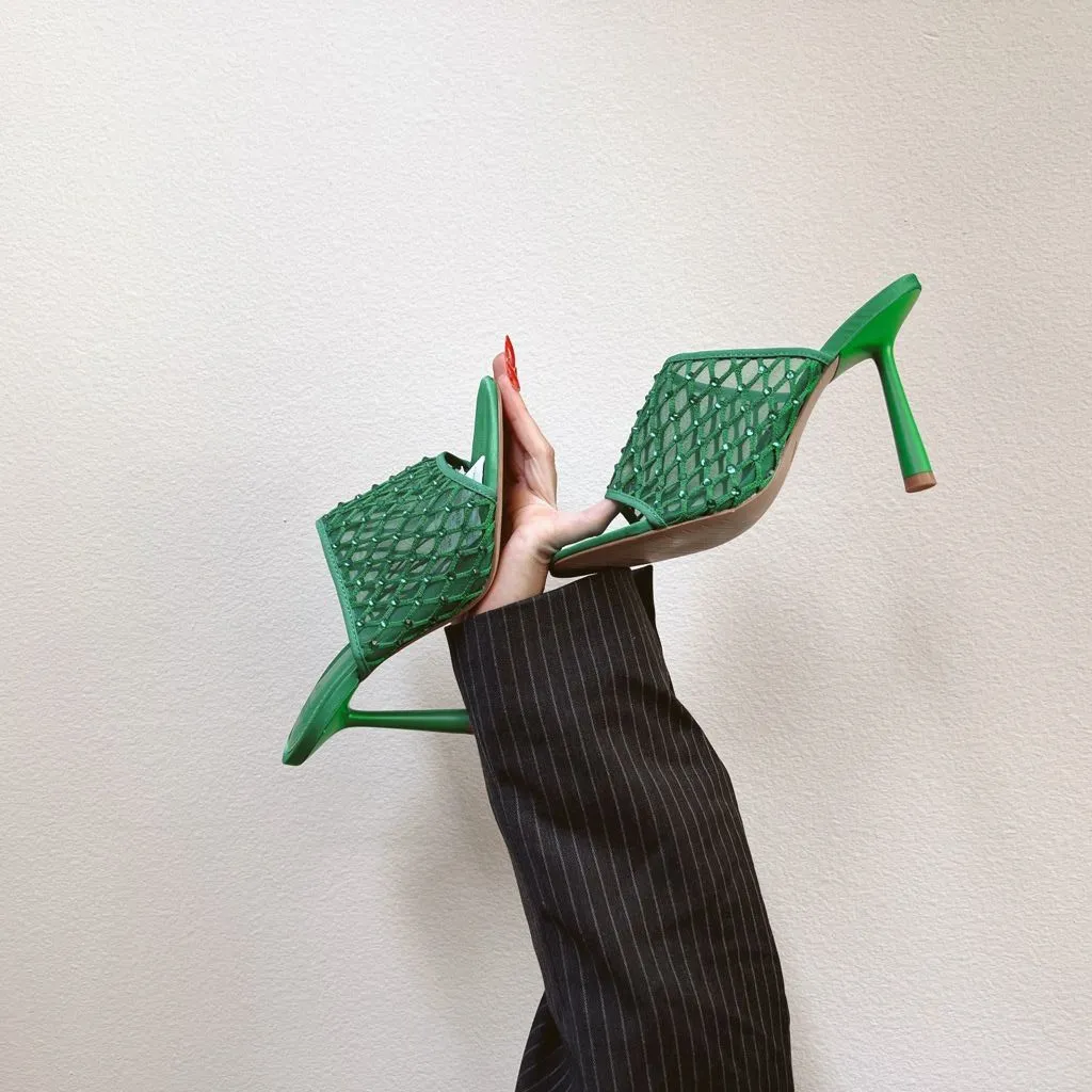 NWT Zara Green Square Toe Rhinestone Mesh Mule Stiletto Heels - Image 3