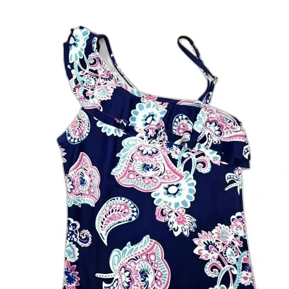 Old Navy Blue Floral Ruffle One Piece Bathing Suit Swimsuits Swimwear Size 13/14 - Image 3