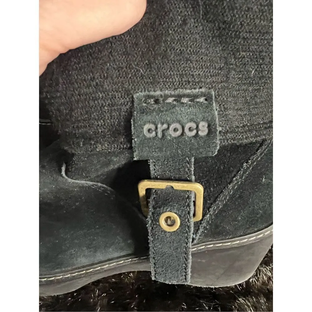 Crocs 11554 Winter Pull On Boots Black Suede Leather Knit Top And Buckle Size 9 - Image 6