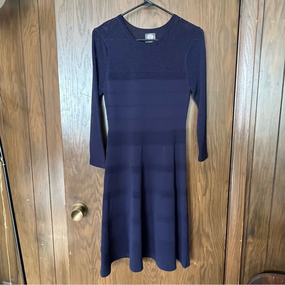 Vince Camuto Navy Blue Eyelet Pointelle Fit Flare Sweater Dress - Image 4