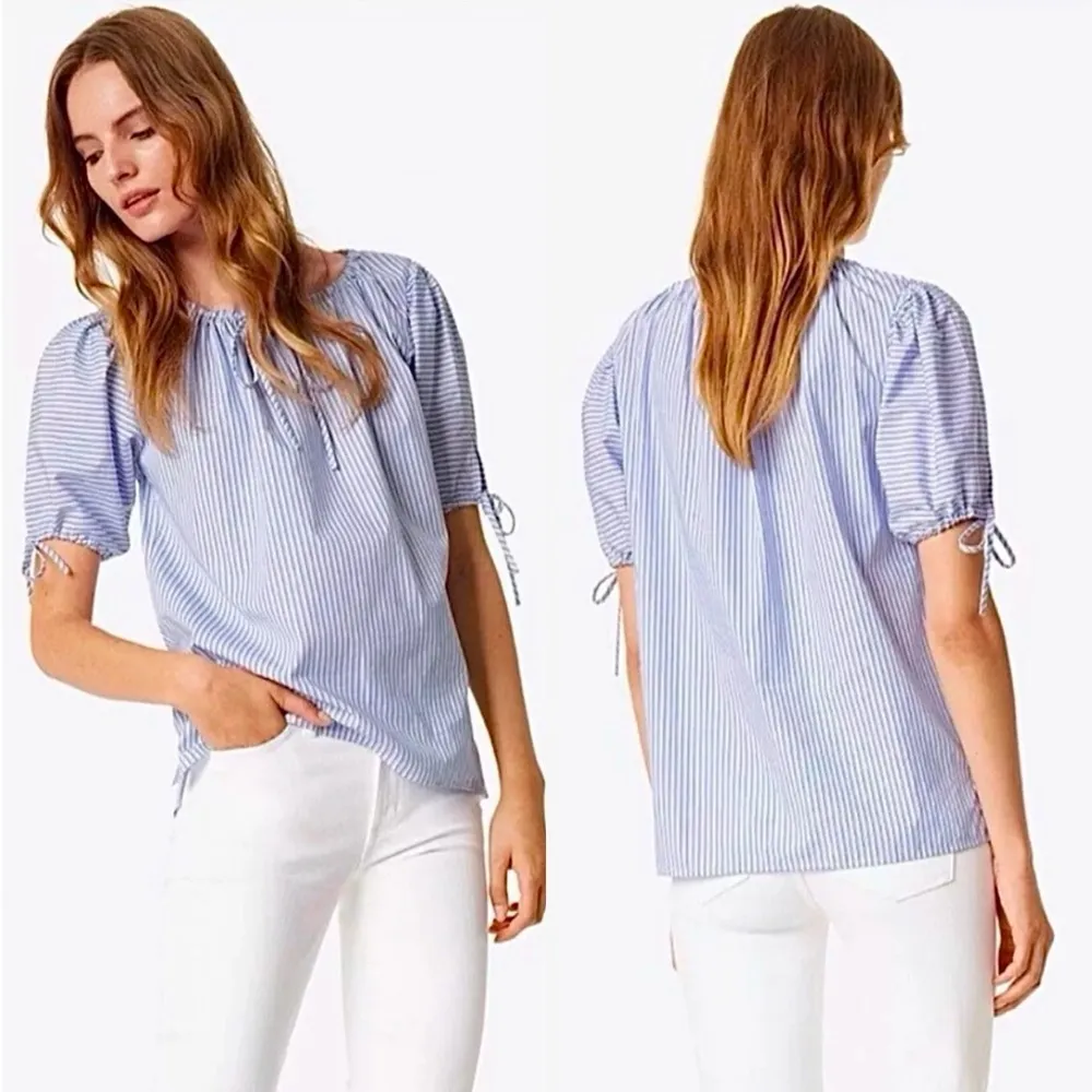 Tory Burch Ariana Blue Striped Tie Blouse Puff Sleeves Women’s size XS​​ - Image 2