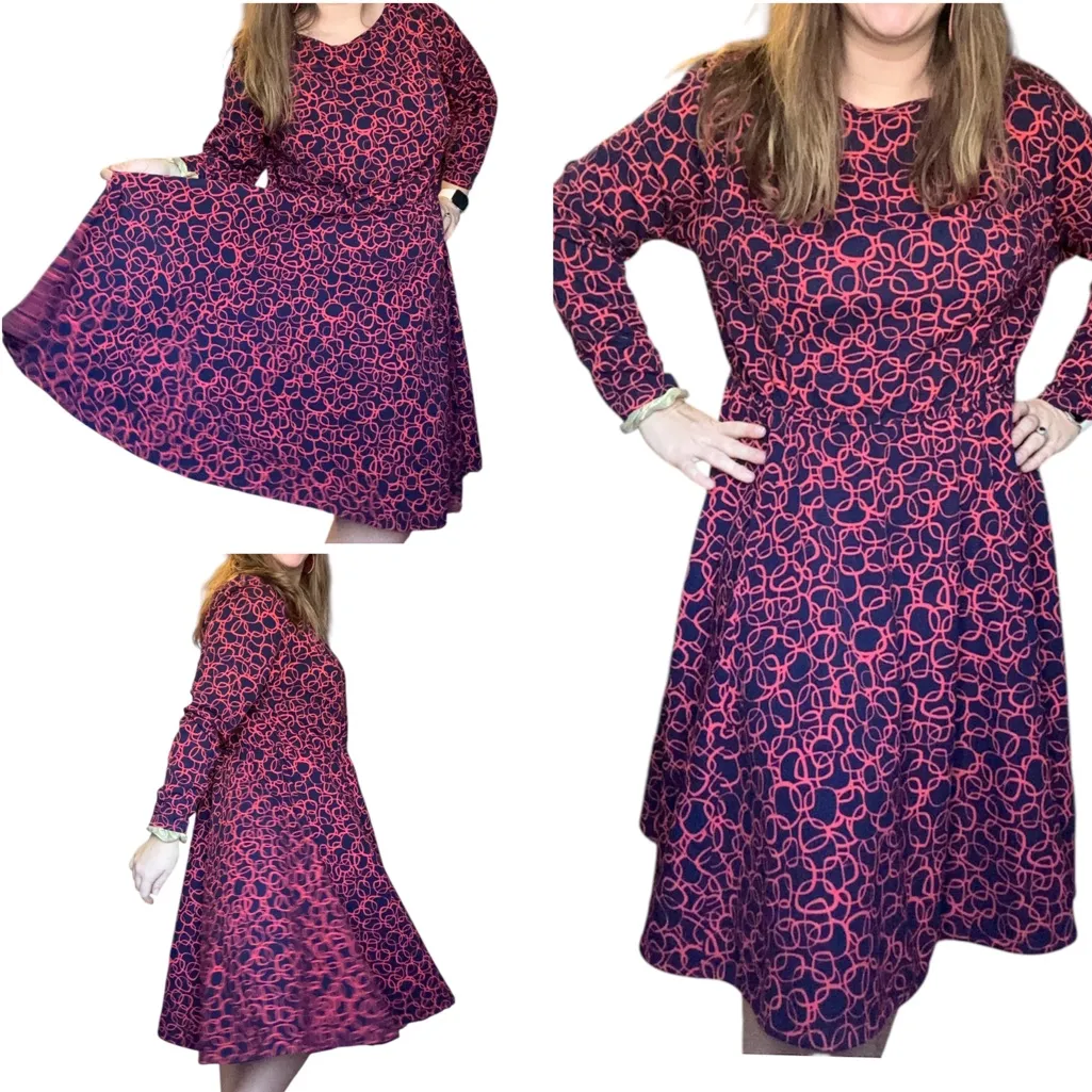 eShakti Custom Navy Blue Red Geometric Circle Print Fit and Flare Dress - Image 2