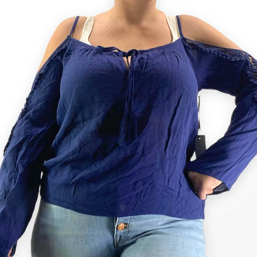 SAGE THE LABEL Blue Cold Shoulder Crochet Knit Bell Sleeve Blouse - Image 5