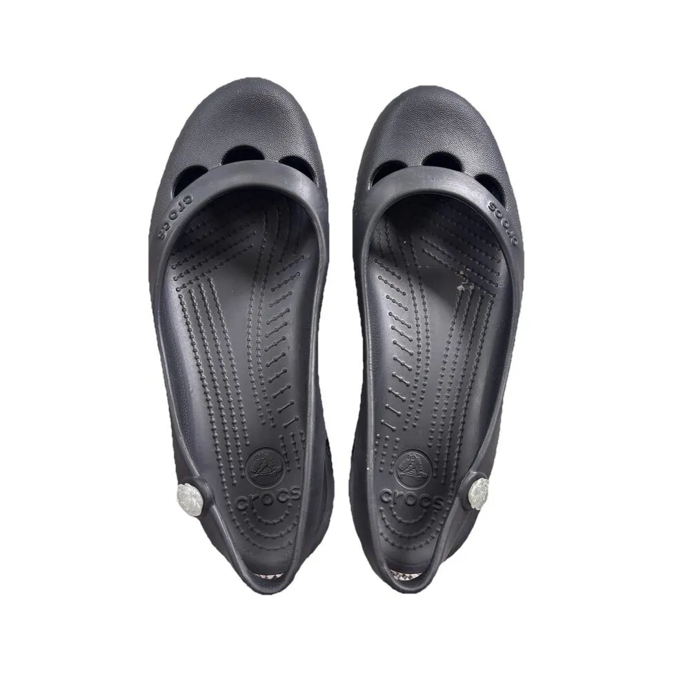 Crocs Jayna Women 10 Black Slingback Ballet Flats Slip On Jewel Flower Mary Jane - Image 4