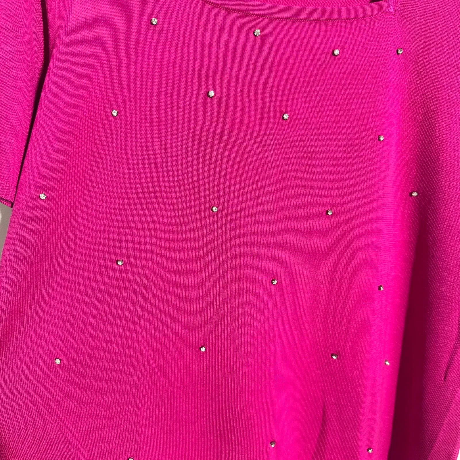Quacker Factory Top Women Pink Diamond Bling Sparkle Holiday Square Neck Tshirt - Image 3