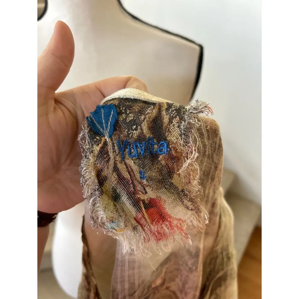 Yuvita Linen Boxy Short Sleeve Romantic Regency Georgian Colonial Print Blouse Tan - Image 5